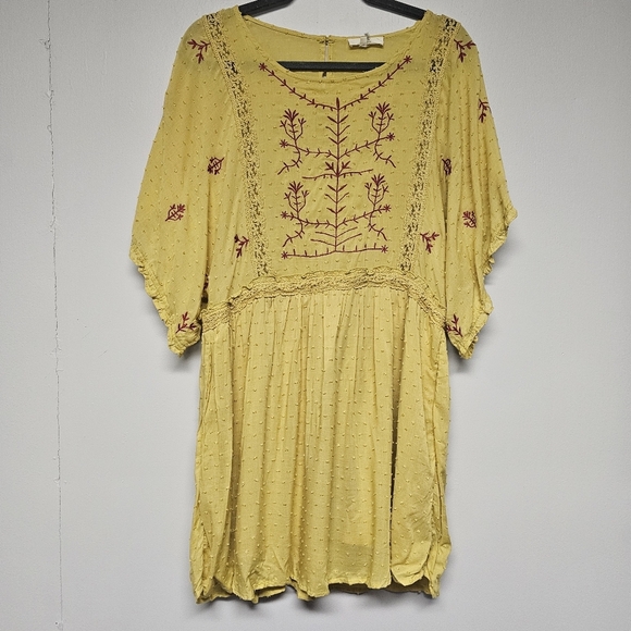 Entro Butter Yellow Red Boho Loose Lined Tunic Midi Dress Embroidered Vacation - Picture 8 of 8